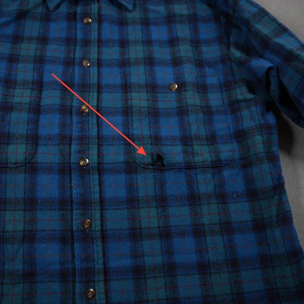 Pendleton Vintage Plaid Wool Flannel Men Shirt L Western Blue Logger Cabin Retro